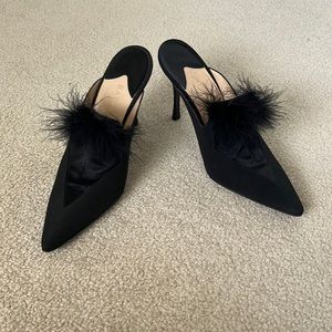 New Evening formal designer stilettos mules tuxedo style feathers made in Italy